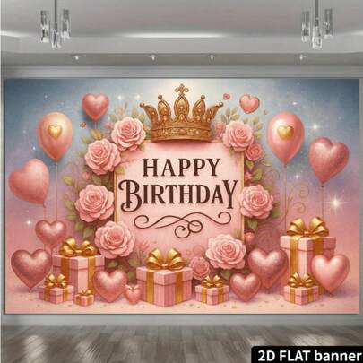 2Dflat,1psc Pink Gold Crown Rose Birthday Background Banner Gold Art Happy Birthday Word Crown Decoration Pink Gold Balloon Rose Gift Box, Love Embellishment, Polyester Material, No Power Supply Required