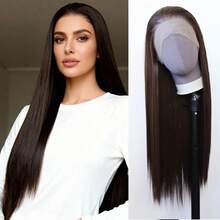 24英寸和40英寸巧克力棕色合成蕾丝前假发，耐热纤维，无需胶水 - 预先拔毛的自然发际线，180%密度深棕色蕾丝前假发，13x4蕾丝区域，适合日常佩戴和角色扮演 - 巧克力棕 - 查看 14