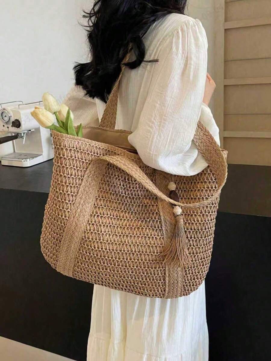 Túi xách đa năng thời trang mới, túi đi biển, túi đeo vai kiểu boho dệt bằng rơm nhẹ nhàng, thanh lịch, dung tích lớn, phù hợp cho phụ nữ, sinh viên đại học, thanh thiếu niên, có tua rua, túi đi biển mùa hè bằng rơm cho nữ, vật dụng cần thiết cho kỳ nghỉ, phối hợp hoàn hảo với phụ kiện đi biển cho nữ, túi đi biển hot nhất cho nữ, túi đi nghỉ hè thời trang, túi cần thiết cho nữ đi biển trong kỳ nghỉ, túi đi nghỉ mới nhất - Màu Khaki - Xem 1