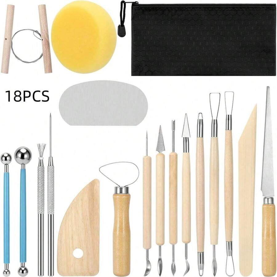陶土雕塑工具，基础陶土雕刻工具套装，带木柄和工具袋 - 陶泥工具 - 查看 1