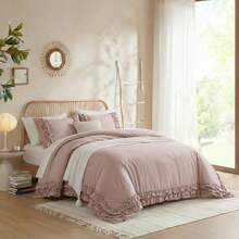 Pink Cotton Ruffled Comforter Set Queen, Vintage Shabby Chic Farmhouse Bedding Set Coquette Aesthetic French Country Comforter - Red Bean Paste Powder - View 3