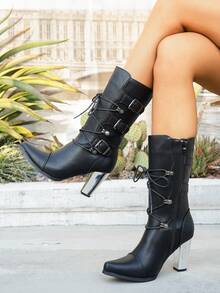 Women's Pointed Toe Mid-Calf Boots, Chunky High Heel Lace-Up Riding Boots - Black - View 1