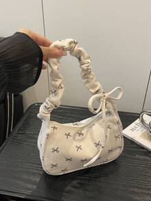 1pc White Corduroy Fabric Smooth Zipper Bow Print Drawstring Shoulder Strap Design Fashion Versatile Casual Solid Color Minimalist Autumn/Winter New Unique Shoulder Bag, Suitable For Women's Daily Use - White - View 7
