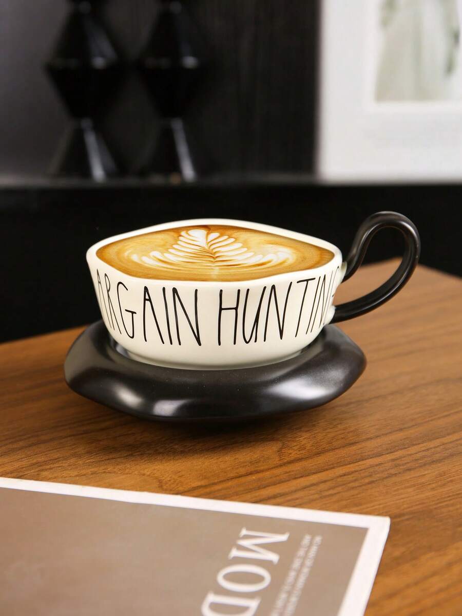 1pc Creative English Letter Coffee Cup & Saucer Set, Ceramic Material, Suitable For Home, Restaurant, Club, Party Use - Multicolor - View 1