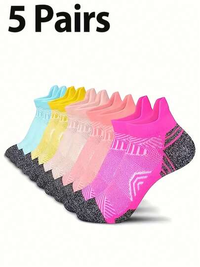 5 Pairs Colorful Contrast Patchwork Short Socks, Women's Spring Breathable Moisture-Wicking Sports Socks For Football, Basketball, Fitness, Running, Suitable For Daily Life And Outdoor Activities