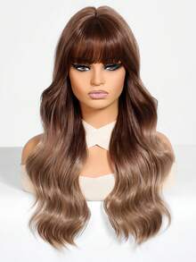 1 pieza Peluca de mujer con ondas y flequillo de color marrón, cabello sintético rizado de 26 pulgadas de largo, fibra resistente a altas temperaturas, gorro de red de rosa, para uso diario y de fiesta - Marrón - Ver 6