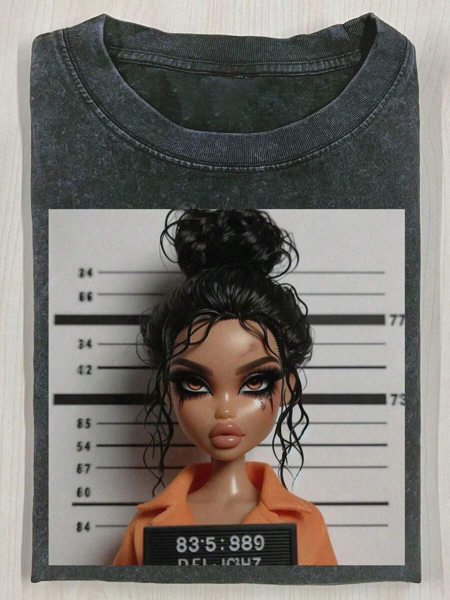 Yuega Tshrit 1pcMen'S 230g Heavyweight Washable Batik T-Shirt With Quirky Doll Face & Mugshot Graphic Print - Retro Vintage Loose Fit Round Neck Casual Tee For Halloween Costumes, Themed Parties & Casual Attire - All-Season Comfort, Ideal Gift For MenSummer Clothing Tops - 黑色 - 查看 1