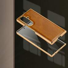 超薄电镀皮革手机壳，带钢化玻璃屏幕保护膜，兼容三星 Galaxy Fold 2/3/4/5/6/7，防震保护套 - 棕色 - 查看 8