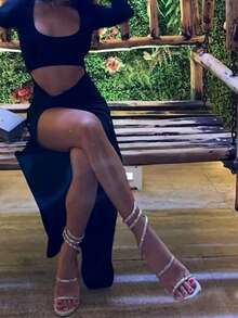 2026 New Black & Gold Rhinestone Snake Wrap Stiletto High Heels For Women - Silver - View 2