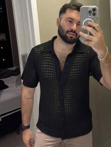 Knit Shirt Summer Regular Fit Knit Fabric Buttons At The Front Beach Button For Going Out Valentine's Day Pride Month Teacher's Day Carnival - màu đen - Xem 2