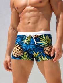 Men's Casual Fashionable Tropical Pineapple Print Drawstring Swim Trunks - Drawstring Beach Shorts, Suitable For Beach, Pool And Holiday Occasions - Multicolor - View 4