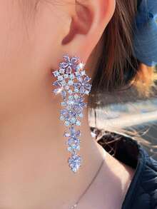 1 Pair Light Purple Cubic Zirconia Flower Cluster Long Chandelier Drop Earrings, CZ Dangle Silver Plated Wedding Elegant Jewelry For Women Brides Bridesmaids Engagement Banquet Pageant Party Prom To Bridal Girlfriends Fiancee Wife Gift - Mauve Purple - View 4