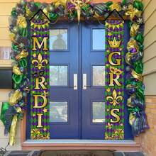 1Pair Gras Porch Banner Sign Purple Golden Carnival Front Door Decorative Hanging Welcome Banner Flag Masquerade Party Seasonal Decoration Home Outdoor Indoor Decor - Multicolor - View 2