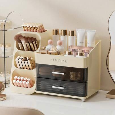 Organizador de maquillaje con soporte para brochas, caja de almacenamiento para encimera con dos cajones, espacioso expositor de cosméticos para productos de belleza esenciales, cuidado de la piel y pintalabios.
