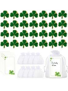 30pcs St. Patrick's Day Clover Badge Card Gift Set, Irish Holiday Good Luck Gifts, Includes 10 Clover Badges, 10 Greeting Cards And 10 Organza Bags. These Lucky Clover Pins Are Made Of Metal With Baked Enamel Finish, Perfect As Small Gifts For St. Patrick's Day Parties, Themed Parties, Birthday Parties And Team Appreciation Events. - Multicolor - View 2