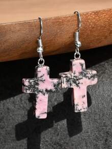 Natural Stone Cross Earrings, Vintage Personalized Design Turquoise & Amethyst & Rhodochrosite Pendant Earrings - Multicolor - View 16