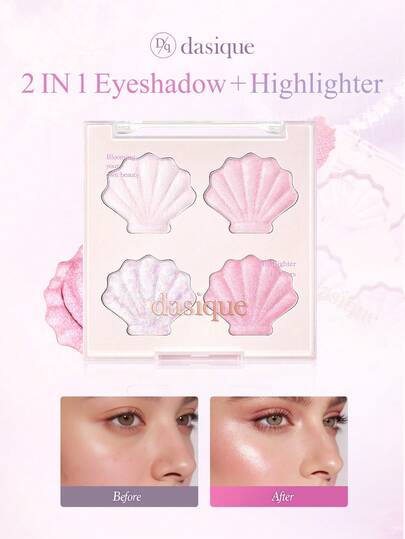  Dasique 2-In-1 Mermaid Shell Highlighter Eyeshadow Palette, Long-Lasting Shimmer, Brightens Complexion, Non-Clumping, Pink Highlighter, Suitable For Graduation, Birthday, Holidays, Y2K Style, Women's Makeup Brand, Beauty Party, Holiday Decor, Gifts, Rose Girl Cosplay, Best Color Charm, Back To School, Christmas Gift, For Women