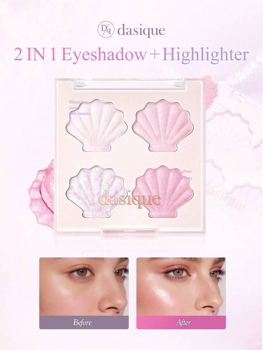 Dasique 2-In-1 Mermaid Shell Highlighter Eyeshadow Palette, Long-Lasting Shimmer, Brightens Complexion, Non-Clumping, Pink Highlighter, Suitable For Graduation, Birthday, Holidays, Y2K Style, Women's Makeup Brand, Beauty Party, Holiday Decor, Gifts, Rose Girl Cosplay, Best Color Charm, Back To School, Christmas Gift, For Women - #01 Twinkle Mermaid - 查看 1
