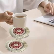 1/4/6pcs Middle Eastern Festival Series Expanding Geometric Floral Pattern Linen Printed Tassel Table Mat/Coffee Cup Coaster - Multicolor - View 10