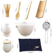 MYVIT 9件套抹茶茶具，包括日式陶瓷抹茶碗、抹茶筅、竹制抹茶筅架、勺子、茶叶罐、竹制托盘，手工抹茶仪式套装，礼盒包装，适合送礼、节日，可重复使用，日常必备 - 白色 - 查看 8