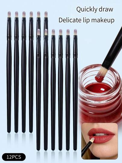 Set de 12 piezas de brochas de maquillaje para labios, brocha de delineador de labios natural, brocha aplicadora de brillo de labios, brochas de maquillaje de labios de mango largo para principiantes y artistas del maquillaje