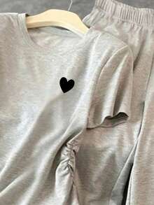 Tween Girl Heart Pattern Print Short Sleeve T-Shirt And Pants Casual Set - Grey - View 3