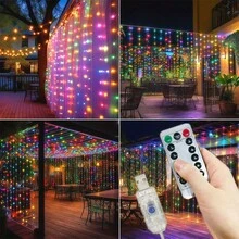 USB供电LED窗帘灯串，8种模式，带遥控器，适用于派对、家居、卧室、厨房、花园、婚礼、斋月、情人节、生日、露营、背景装饰、户外等场合的装饰灯。 - USB窗簾燈串 - 查看 14