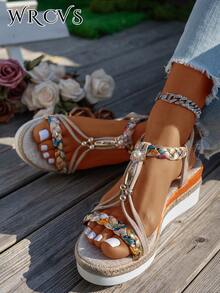 WRCVS Beige Women's Sandals, Random Woven Pattern Bohemian Style Wedge, Summer Platform Thick Bottom, Shoes, Holiday, Boho - Beige - View 2