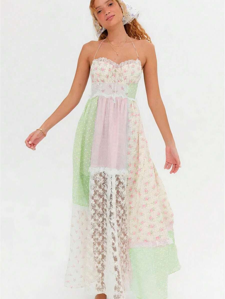 Halter Long Dresses For Women Summer Fashionable Patchwork Lace Trim Tie Up Sleeveless Dress - 綠色 - 查看 1