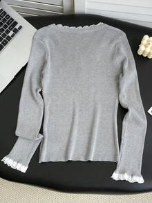 女士蕾丝拼接蝴蝶结高领长袖修身针织衫，秋冬款 - 灰色 - 查看 9