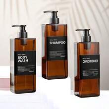 3个500毫升/16.9盎司可重复灌装塑料泵瓶，含标签，可重复用于洗发水、沐浴露、化妆品、浴室淋浴用品容器 - 棕色 - 查看 2