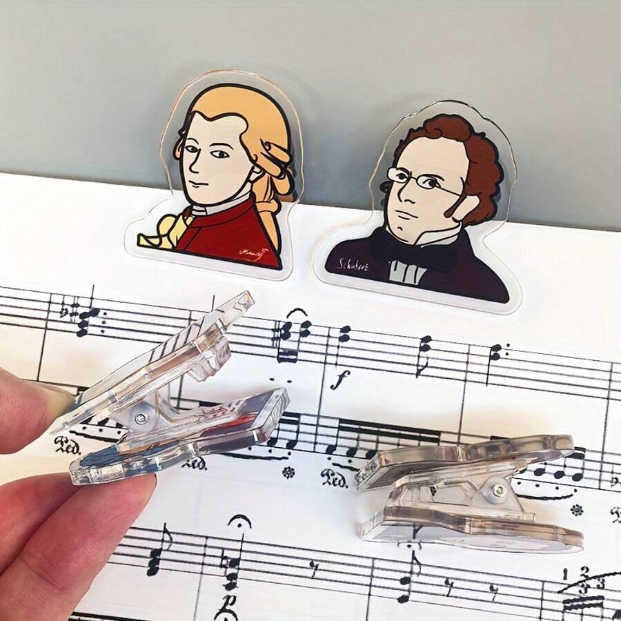 1pc/4pcs Musician Sheet Music Clips Acrylic Mini Clips For Music Lovers, Essential Mini Sheet Music Holders For Classical Musicians. Cute Musical Note Stationery With Mozart And Schubert Designs. Transparent Sheet Music Clips, Piano And Guitar Score