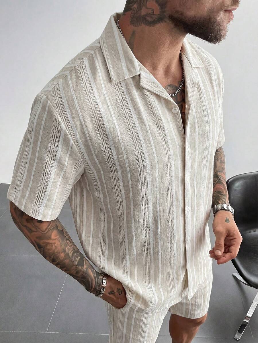 Men's Refreshing Linen-Feel Striped Shirt, Apricot White Striped Top, Minimalist Aesthetic Short Sleeve Shirt, Exquisite Cooling Summer - Multicolor - View 1