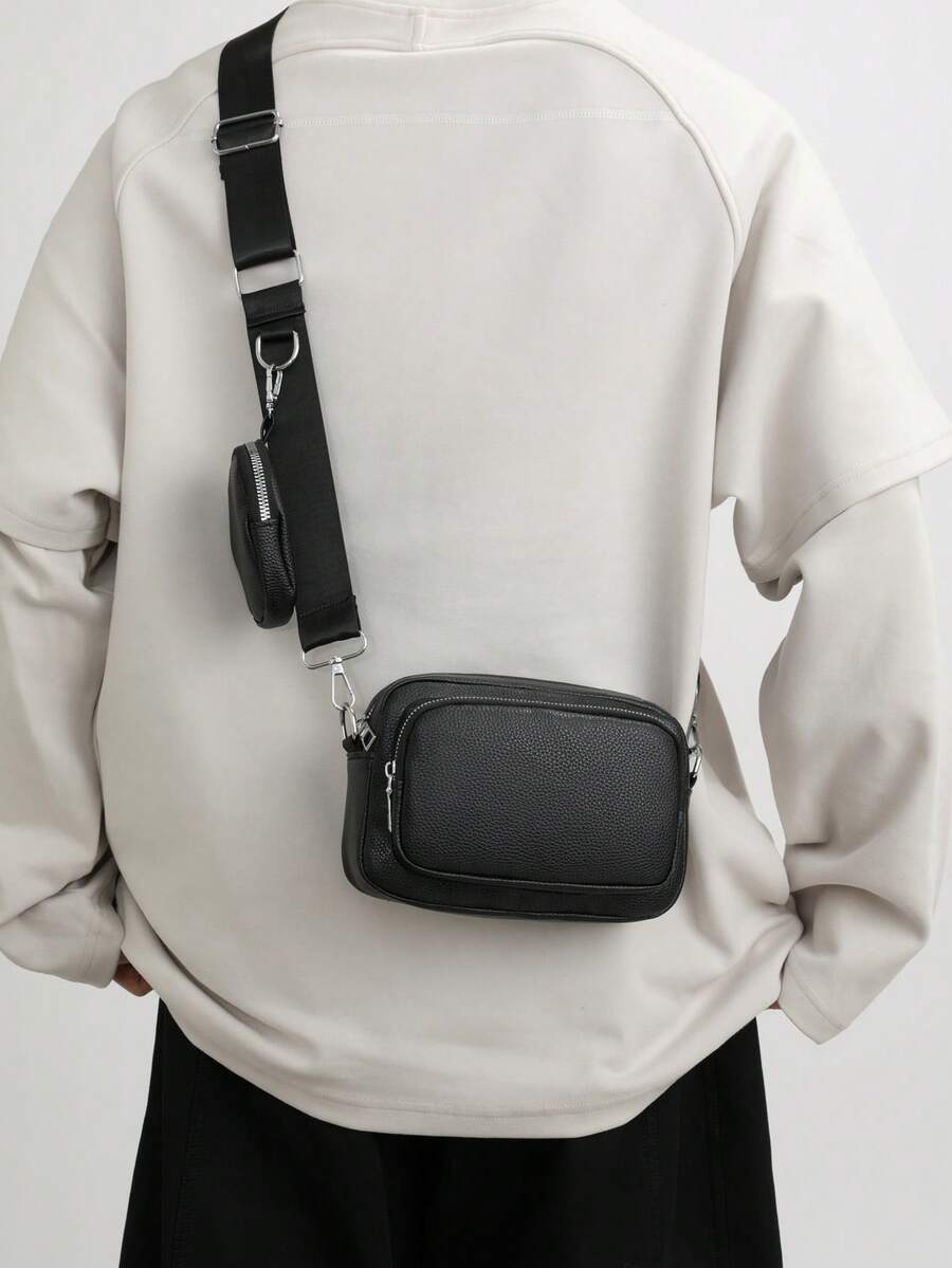 2pcs/Set Embroidered Strap Men's Mini Keychain Pouch Valentine'S Day Phone Bag - Black - View 1