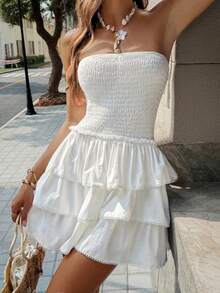 Unadoll 女士夏季可爱优雅无肩带褶皱上身层叠荷叶边下摆白色迷你连衣裙度假约会装 - 白色 - 查看 9