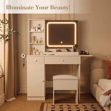 Tocador Hetoy con espejo iluminado y regleta de enchufes, mesa de maquillaje plegable con iluminación ajustable, cajones y taburete acolchado, juego de tocador y taburete para dormitorio - Blanco - Ver 2