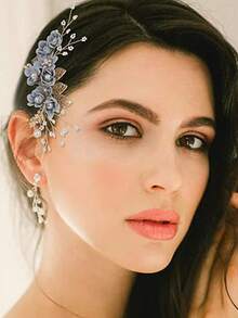 1件女士手工蓝色花朵珍珠发梳配饰，婚礼发饰 - 63235 - 查看 2