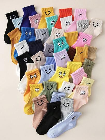 1/5/10/20 pares de calcetines cortos casuales para niñas/niños/niños, con patrones personalizados de ojos/expresiones/rostros de dibujos animados, suaves, transpirables y que absorben la humedad, versátiles para ocio, deportes, viajes, campus y hogar. Surtido aleatorio de colores y estilos, disponible en múltiples paquetes.