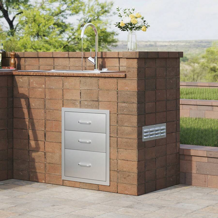 18x23 Inch Outdoor Kitchen Stainless Steel Triple Access BBQ Drawers With Chrome Handle, 18 X23 X 23 Inch - 18" X 23" X 23" - View 1