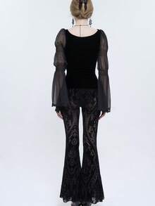 Quần ống loe bằng nhung màu tối theo phong cách Gothic, quần cạp cao in họa tiết bạc cổ điển, kiểu dáng ôm sát tôn dáng, dành cho những người yêu thích văn hóa đặc biệt. - màu đen - Xem 3