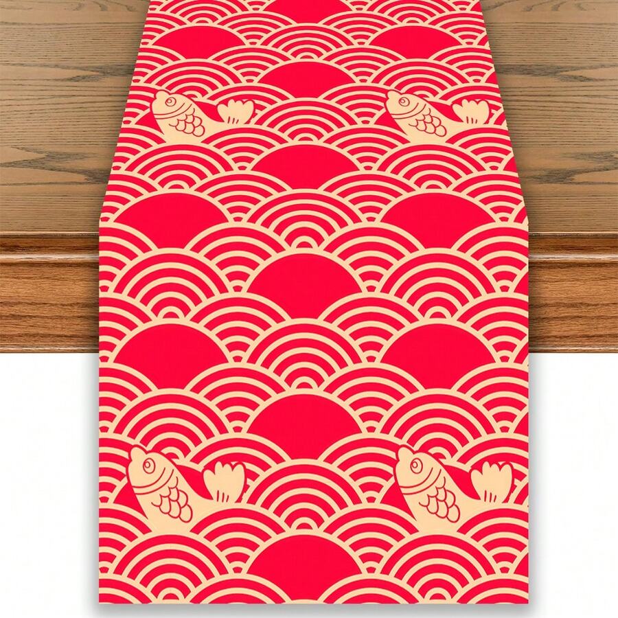 1件装涤纶红色波浪锦鲤图案派对桌旗 – 180x35厘米大尺寸装饰,适用于拍照区、生日、婚礼和节日 | 耐用、色彩鲜艳的餐桌装饰,提升活动格调 | 引人注目的背景幕布和桌布,适用于各种庆祝活动 | 可重复使用的派对用品,适用于特殊场合 - 紅色 - 查看 1