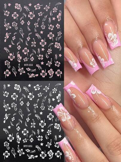 2pcs 3D Hibiscus Flower Nail Stickers Summer Decor Pink White Flowers Nail Decals Tropical Leaves Sliders Manicure Foils