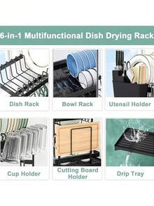 双层沥水架带滴水盘，可放置盘子、杯子、餐具，厨房收纳整理架，大号碳纤维双层沥水架，适用于台面，不锈钢材质，黑色 - 彩色 - 查看 5