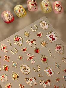 1 Stück Vintage Präge-Schaukelpferd, Stern, Mond, Herz Totem, Rose, Edelstein, Schloss, Hengst Nail Art Aufkleber, 5D mysteriöse elegante Nail Decals, selbstklebende Nail Art Dekorationen für Frauen Nägel Nagelbedarf - Verschiedenfarbig - Übersicht 4