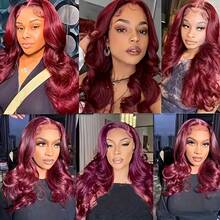 200 Density HD Lace Front Wigs Human Blended Hair Body Wave Human Frontal Hair Wigs For Women Pre Cut Pre Plucked Brazilian Virgin Hair 13x4 Lace Frontal Wig Glueless #99J Burgundy 24 Inch - SBUG/99J - View 9