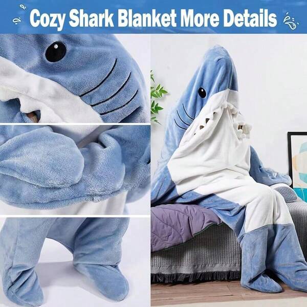 Pătură portabilă cu glugă, design amuzant cu rechini, halat cald de flanel, sac de dormit multifuncțional, fleece coral moale și respirabil, confortabilă pentru petrecere, cosplay, relaxare acasă