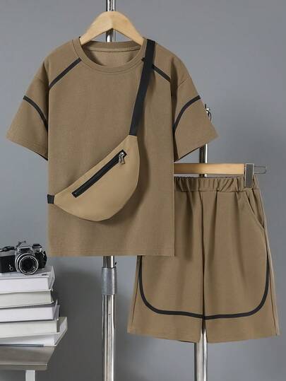Boys' Casual Lightweight Breathable Printed Short Sleeve T-Shirt, Printed Shorts And Crossbody Bag Set, Spring/Summer