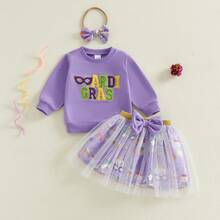 2Pcs/ Set Toddler Girl Mardi Gras Outfit Long Sleeve Sweatshirt Ruffle Layered Tulle Tutu Dresses Skirt Kids Carnival Clothes. Kids Carnival Clothes 1-4Years (Purple) - 藍色 - 查看 5