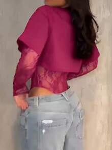 Cropped Top Sexy e Transparente de Renda de Manga Curta para Mulheres, Bodysuit Sexy de Renda Sólida e Recortes Transparentes para Uso Diário, Encontros, Festas, Apresentações, Primavera/Verão Elegante - Pink - Visão 3