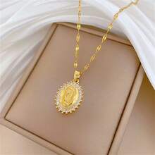 Elegant Luxurious Sparkling White Zirconia Oval Virgin Mary Copper Pendant Necklace, Men's Fashion Party Jewelry Accessory, Stainless Steel Chain, Romantic Anniversary/Holiday Gift - Gold - View 2
